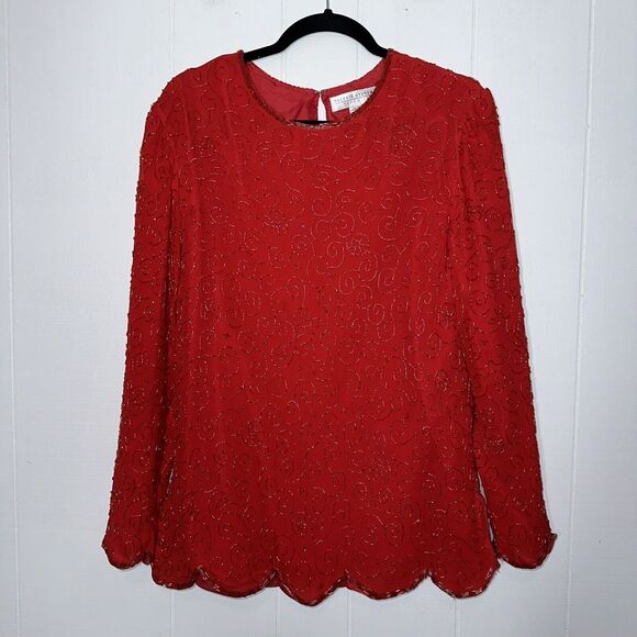 Valerie Stevens Pure Silk Vintage Women’s Heavy Beaded Top Holiday Party Red 14 - Picture 1 of 7
